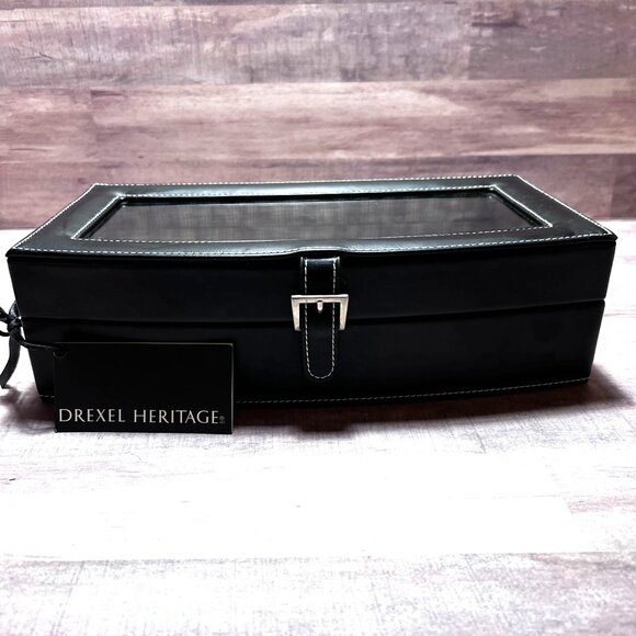Drexel Heritage Mens Plaid Black Leatherette 5 Slot Watch Jewelry Organizer Box - Picture 5 of 10